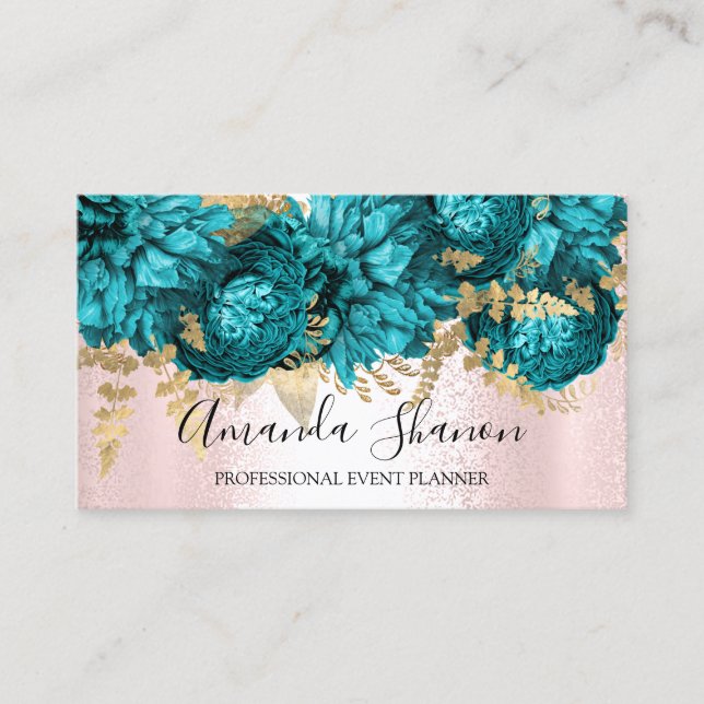 Aquamarin-rosa-Blume Rose-Gold-Logo-Event-Plan Visitenkarte (Vorderseite)