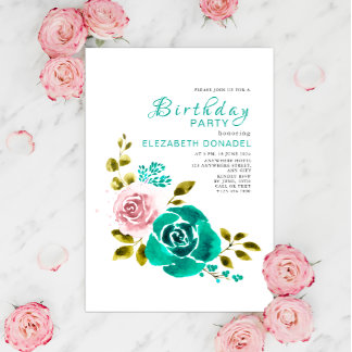 Aquamarin & rosa Blumenbouquet Geburtstagsparty Einladung