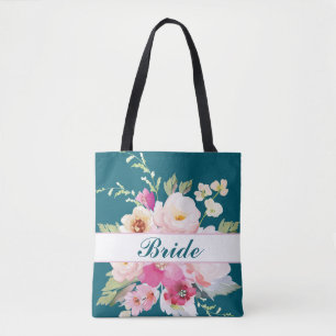 Aquamarin rosa Blumenbräune Tote Tasche