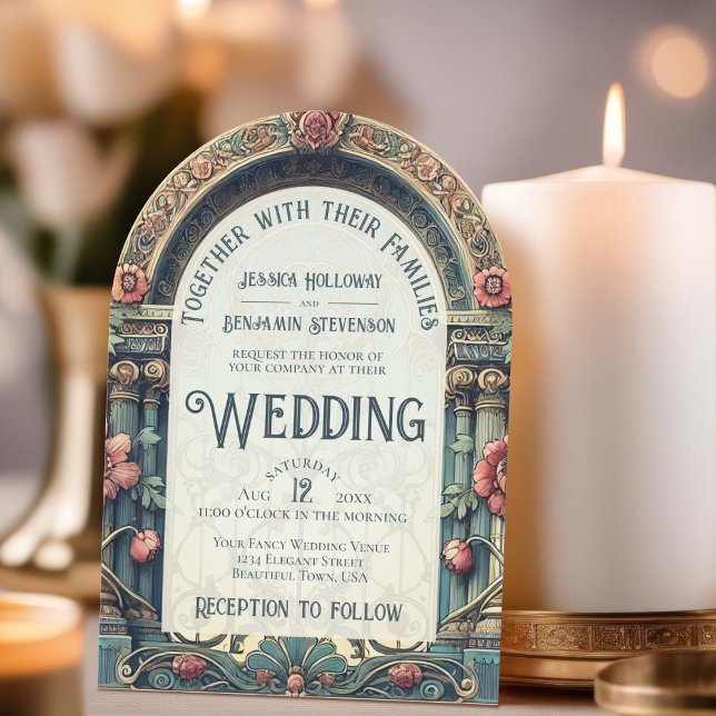 Aquamarin & rosa Elegante Art Nouveau Hochzeit Einladung (With Arch Cut)