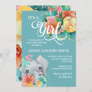 Aquamarin-rosa-gelbe Blütenlephant Kinderdusche Einladung