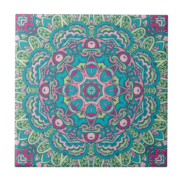 Aquamarin, rosa, grün und gelb Boho Mandala Dekora Fliese (Vorderseite)