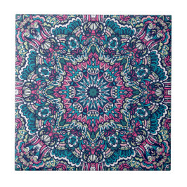 Aquamarin, rosa, grün und weltoffen Boho Mandala Fliese