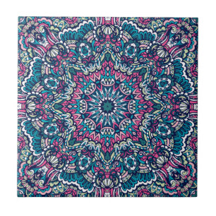 Aquamarin, rosa, grün und weltoffen Boho Mandala Fliese