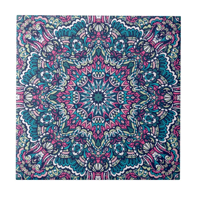 Aquamarin, rosa, grün und weltoffen Boho Mandala Fliese (Vorderseite)