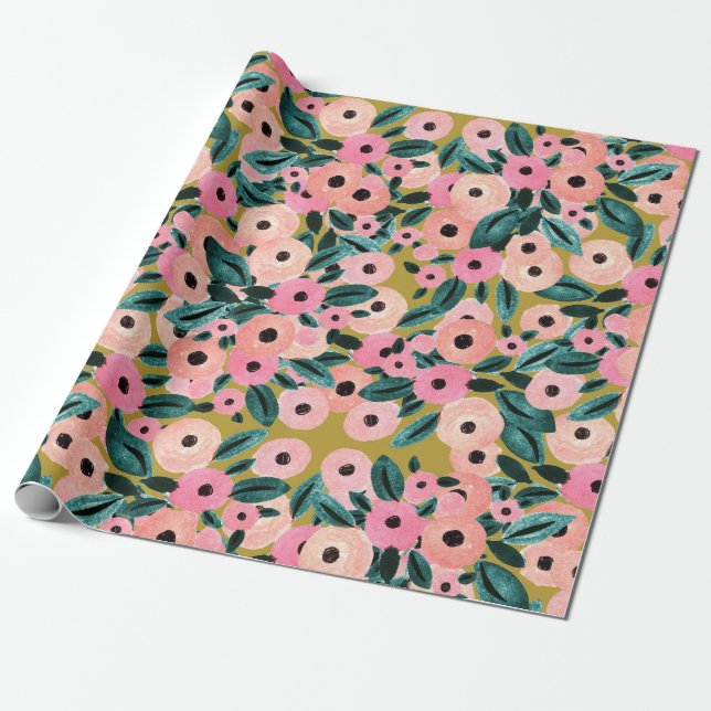 Aquamarin, rosa und goldene Flora Geschenkpapier (Ungerollt)