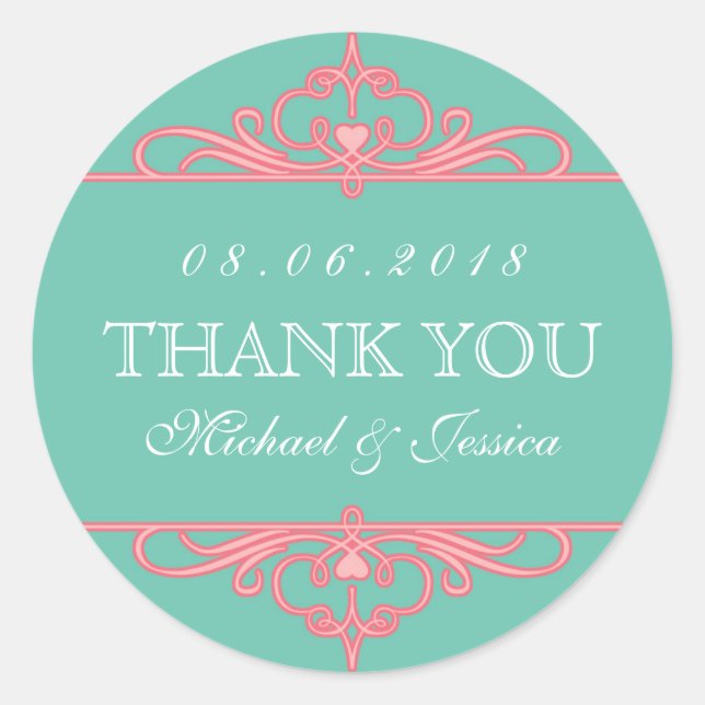 Aquamarin rosa Vintage Swirnschmuck Hochzeitsklebe Runder Aufkleber (Vorderseite)
