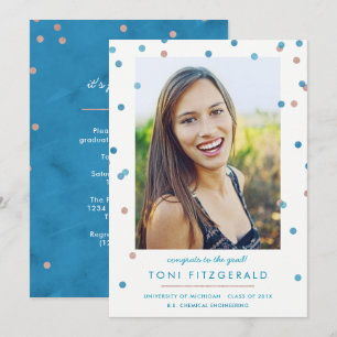 Aquamarin & Rose Gold Confetti Foto Abschluss Einladung