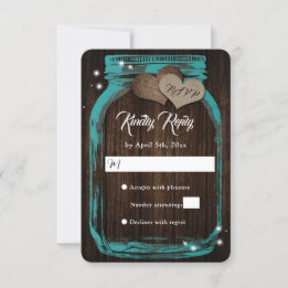 Aquamarin Rustic Wood Hearts Mason Jar Wedding RSV RSVP Karte