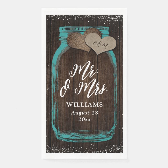 Aquamarin Rustic Wood Mason Jar Mr & Mrs Wedding Serviette (Vorderseite)