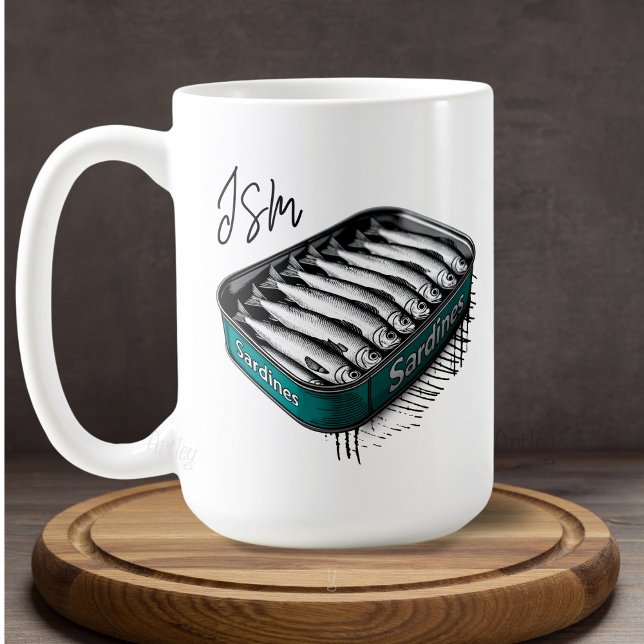 Aquamarin Sardine Art Tin Custom Monogram Name Kaffeetasse (Von Creator hochgeladen)