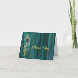 Aquamarin Satin and Peacock Feather Wedding Vielen Dankeskarte