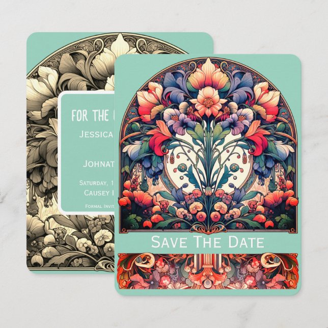 Aquamarin Save the Date Card Mucha Style (Vorne/Hinten)