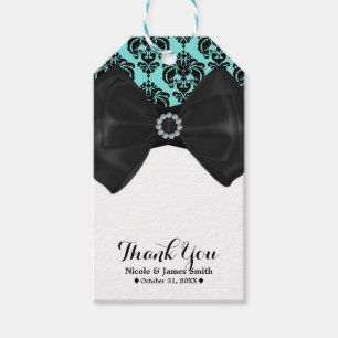 Aquamarin & schwarz Damask Bling Bow Glam Sweet 16 Geschenkanhänger