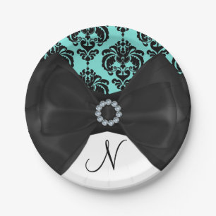 Aquamarin & schwarz Damask Bling Bow Glam Sweet 16 Pappteller