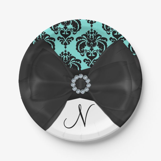 Aquamarin & schwarz Damask Bling Bow Glam Sweet 16 Pappteller (Vorderseite)