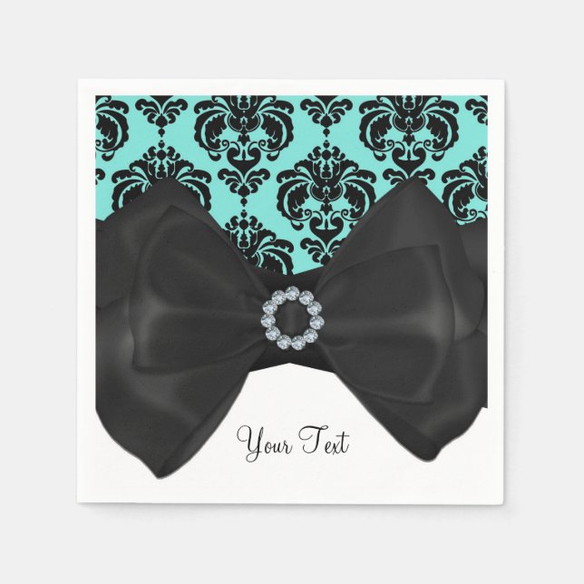 Aquamarin & schwarz Damask Bling Bow Glam Sweet 16 Serviette (Vorderseite)
