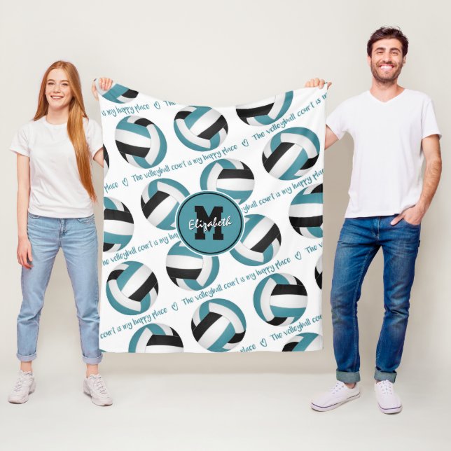 aquamarin Schwarz Der Volleyballplatz ist mein glü Fleecedecke (Beispiel)