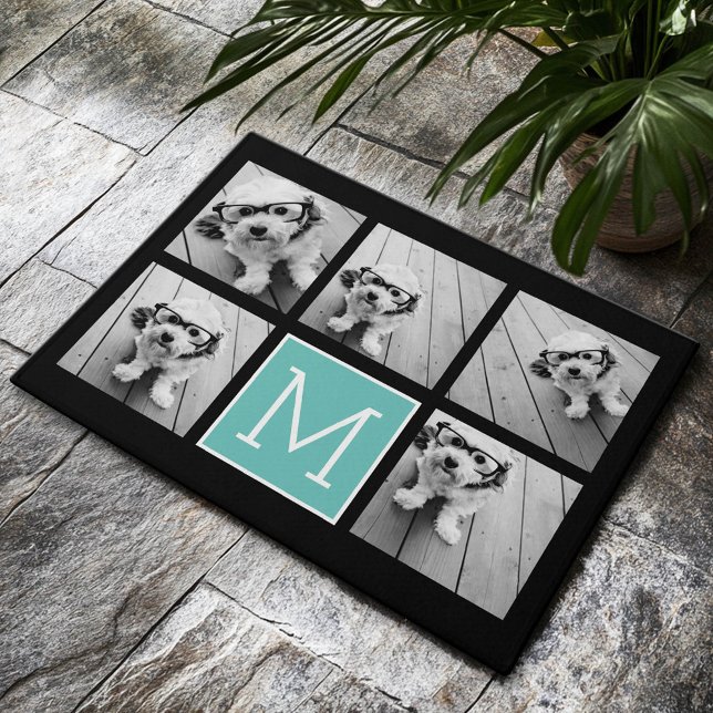Aquamarin-Schwarz-Instagramm-Monogramm 5-FotoColla Fußmatte (Custom Welcome Mat)