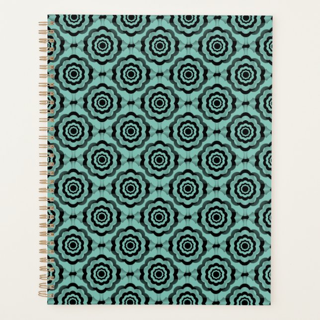 Aquamarin Schwarze Blume Nahtloses Muster Planer (Vorderseite)