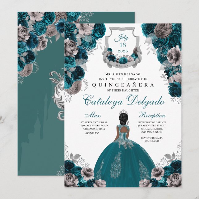 Aquamarin & silber florales Elegant Quinceñera Einladung (Vorne/Hinten)