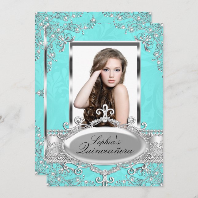 Aquamarin Silber Vintager Glamour Foto Quinceanera Einladung (Vorne/Hinten)