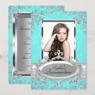 Aquamarin Silber Vintager Glamour Foto Quinceanera Einladung