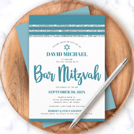 Aquamarin Silver Bar Mitzvah Tallit Simple Modern Einladung