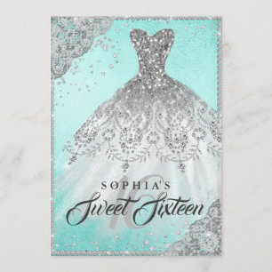Aquamarin Silver Diamond Sparkle Gown 16 . Geburts Einladung