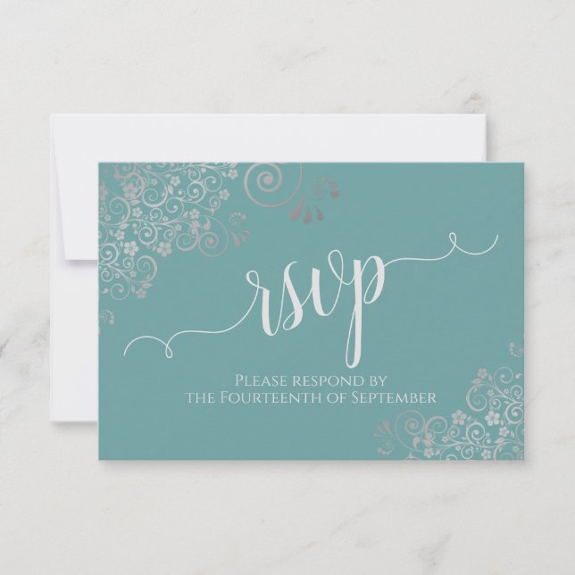 Aquamarin & Silver Frills Elegante Kalligraphie Ho RSVP Karte (Vorderseite)