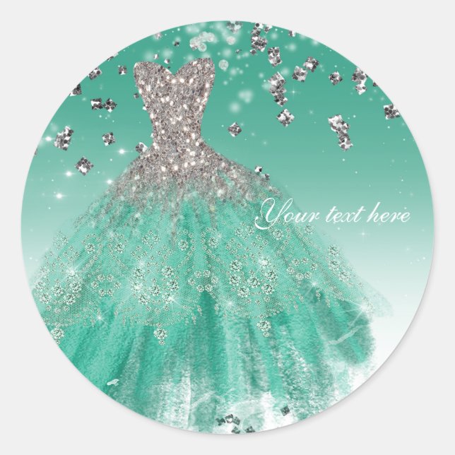 Aquamarin & Silver Glitzer Glamour Dress Birthday  Runder Aufkleber (Vorderseite)