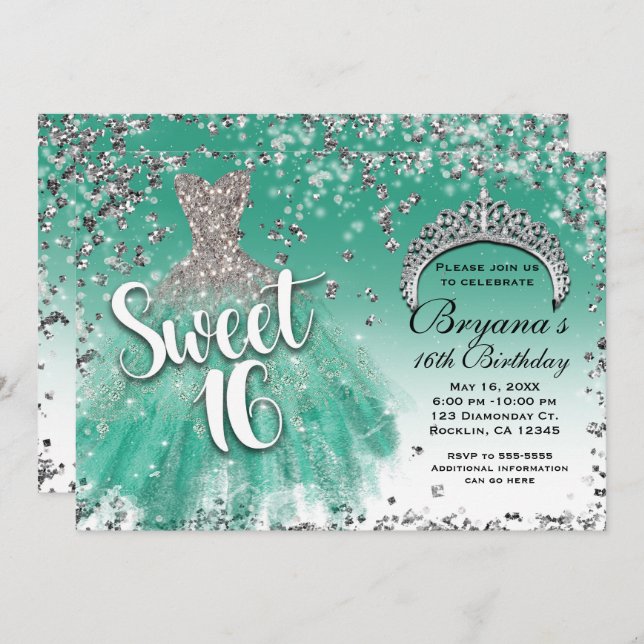 Aquamarin & Silver Glitzer Glamour Kleid Sweet 16  Einladung (Vorne/Hinten)