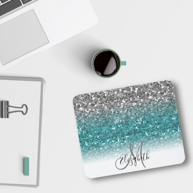Aquamarin Silver Ombre Glitzer Bling Personalisier Mousepad (Von Creator hochgeladen)