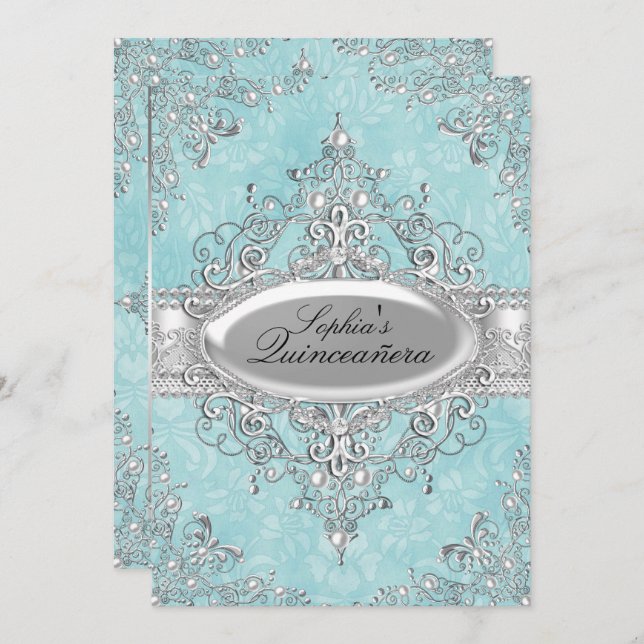 Aquamarin & Silver Pearl Vintag Glamour Quinceaner Einladung (Vorne/Hinten)