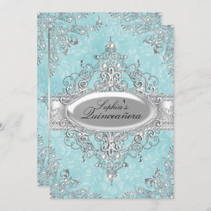 Aquamarin & Silver Pearl Vintag Glamour Quinceaner Einladung