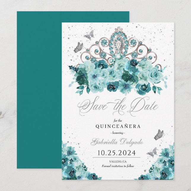 Aquamarin & Silver Tiara Save the Date Quinceañera Einladung (Vorne/Hinten)