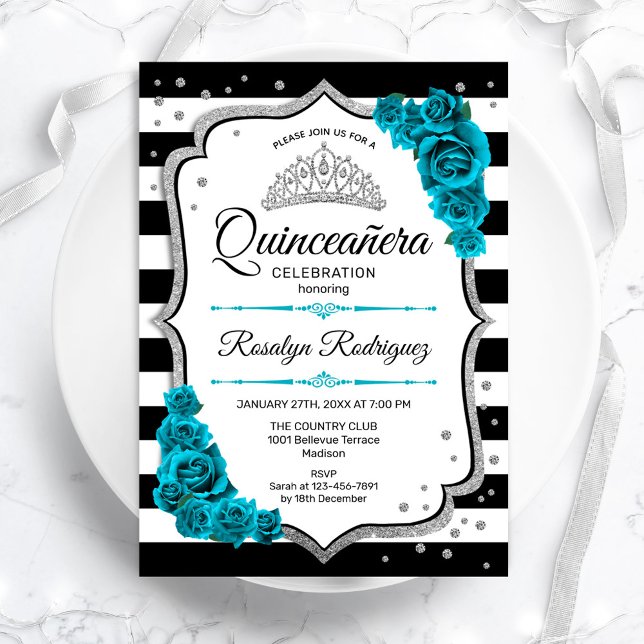 Aquamarin Silver White Quinceanera Einladung (Von Creator hochgeladen)