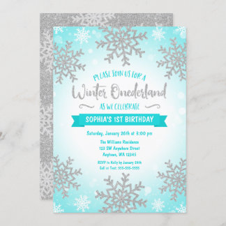 Aquamarin Silver Winter ONEderland 1. Geburtstag Einladung