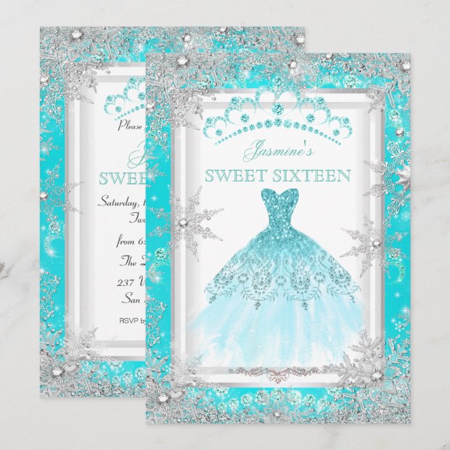 Aquamarin Silver Winter Wonderland Sweet 16 Party Einladung (Vorne/Hinten)