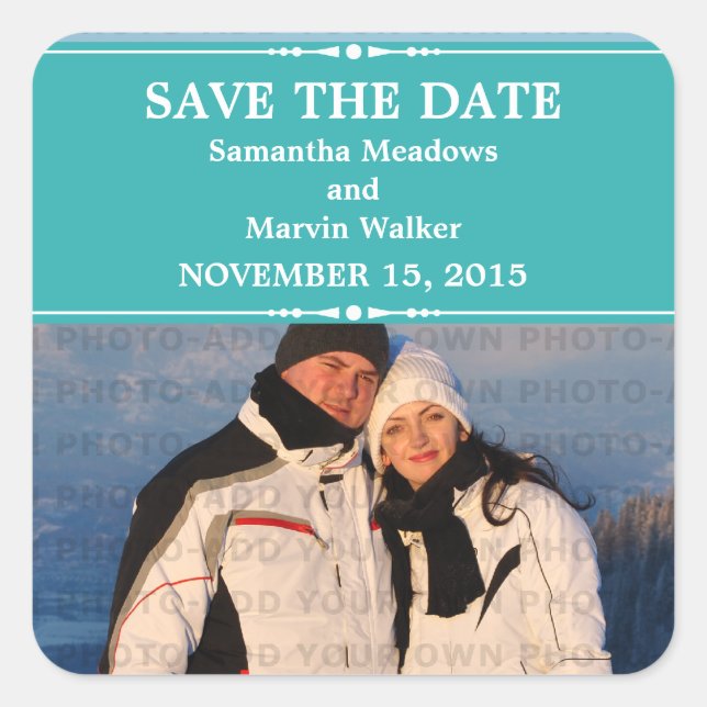 Aquamarin Simple Chic Foto Save the Date Stickers (Vorderseite)