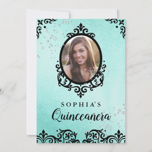 Aquamarin Sparkle Damask Foto Quinceanera Einladung (Vorderseite)