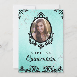 Aquamarin Sparkle Damask Foto Quinceanera Einladung