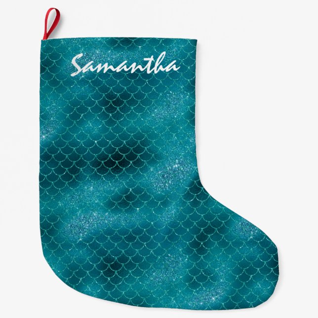 Aquamarin Sparkle Mermaid personalisiert Großer Weihnachtsstrumpf (Vorderseite)