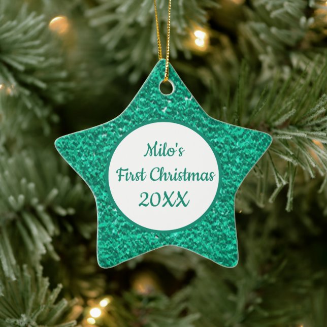 Aquamarin Star Pet Foto Vorweihnachtsname und Jahr Keramik Ornament (Baum)