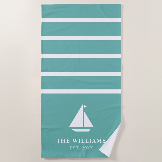 Aquamarin Strickter Name-Text für das Schiff Strandtuch (Vorderseite)