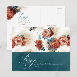Aquamarin Terracotta Floral Boho Wedding RSVP Postkarte