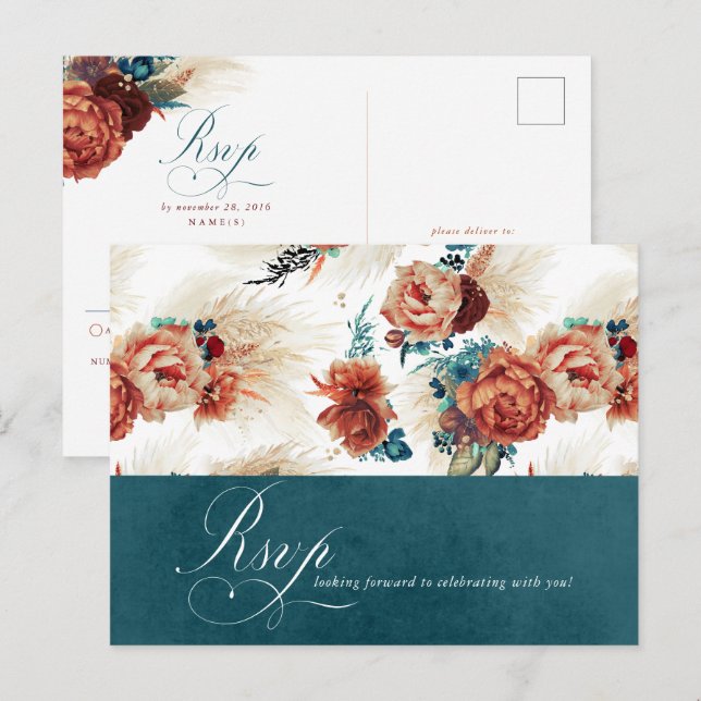 Aquamarin Terracotta Floral Boho Wedding RSVP Postkarte (Vorne/Hinten)