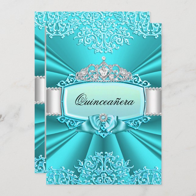 Aquamarin Tiara Damask Quinceanera Party Einladung (Vorne/Hinten)