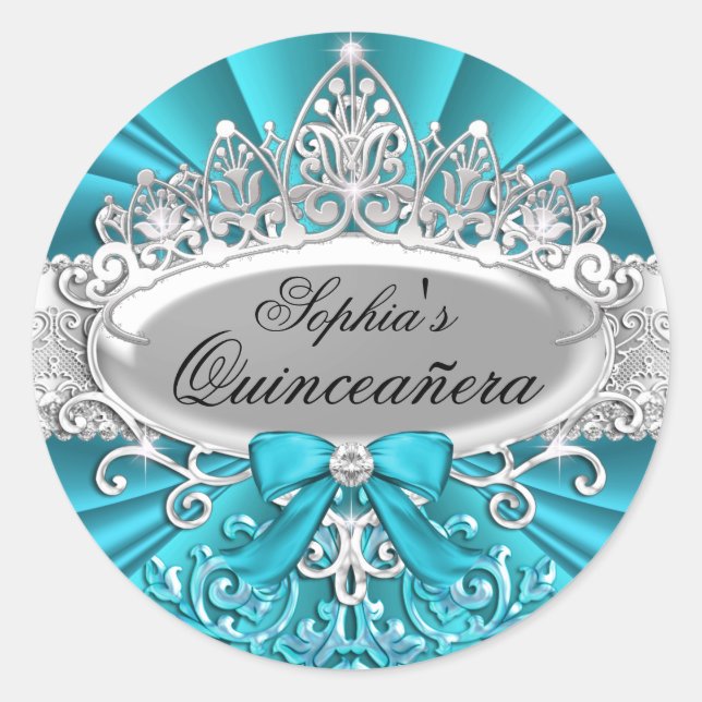 Aquamarin Tiara & Damask Quinceanera Sticker (Vorderseite)