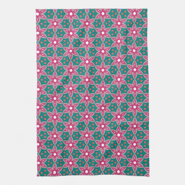 Aquamarin + Tief rosa geometrisches Blumenmuster Handtuch (Vertikal)